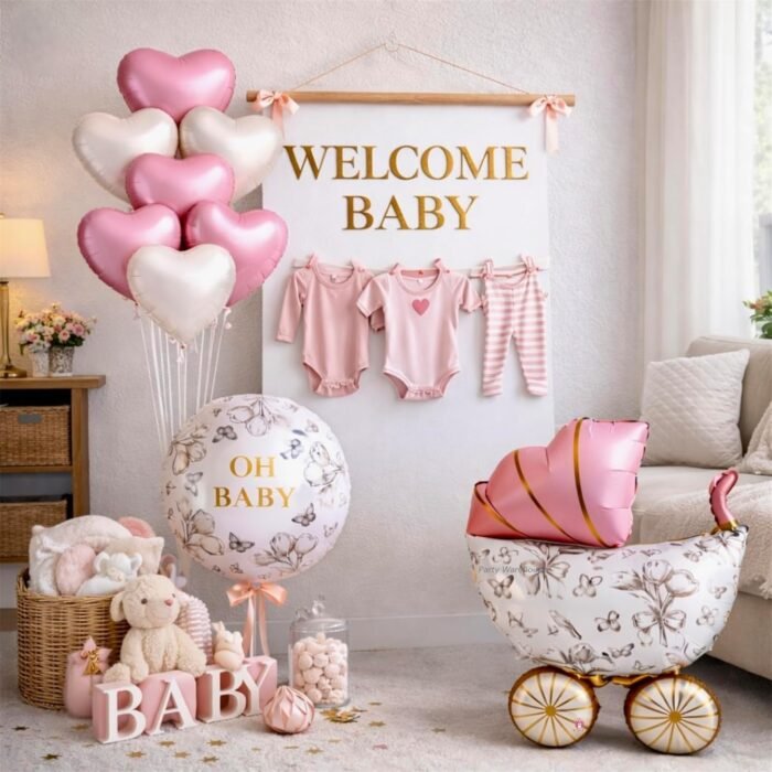 Elevate your baby shower or welcome baby party with this 7-piece pastel pink & cream foil balloon set, featuring a cradle centerpiece and 'Oh Baby' accent balloon. - Image 3