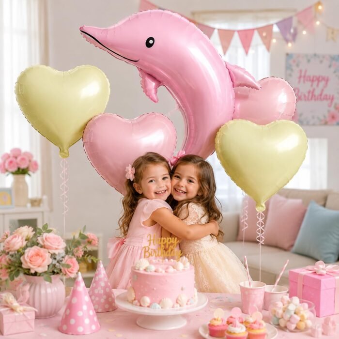 Set of 5 Dolphin Foil Balloon Bouquet | Pink Dolphin & Heart Shape Foil Balloon - Image 3