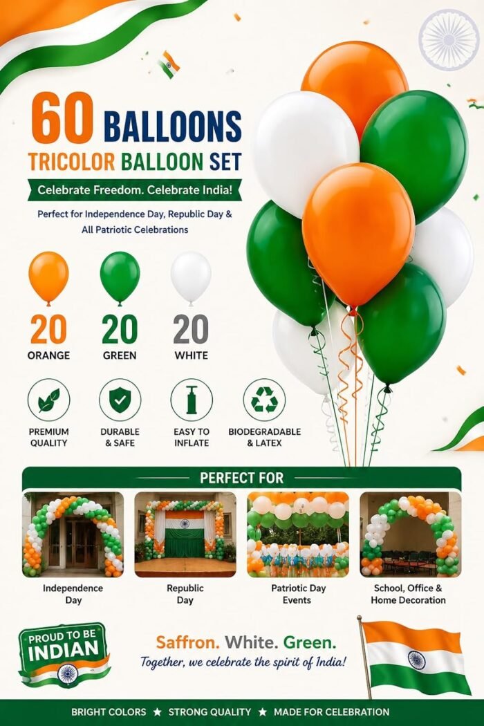 Independence Day Latex Balloons Pack of 60 | Tricolor Orange White Green - Image 3