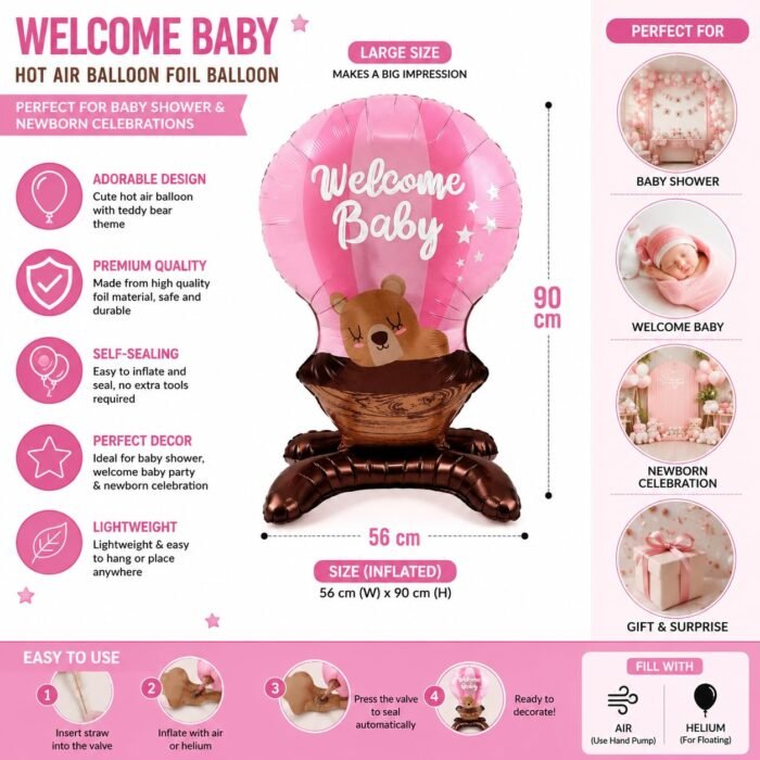 Welcome Baby Hot Air Balloon Foil Balloon - Image 2