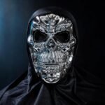 Silver Skull Mask with Black Hood, Metallic Chrome Skeleton Face Mask for Halloween - Image 4