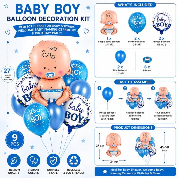 Baby Boy Balloon Decoration Kit, 9 Piece Balloon Set with Baby Shape Foil Balloon, - Image 2