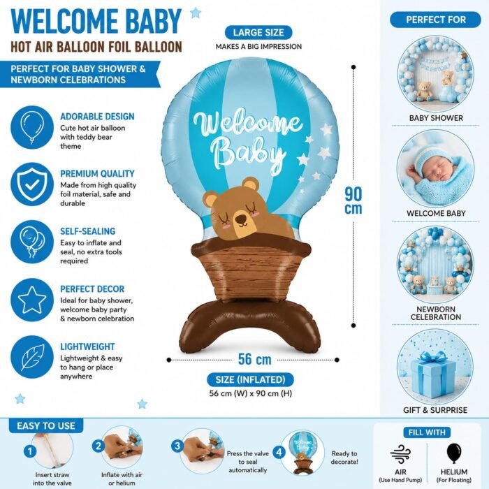 Welcome Baby Hot Air Balloon Foil Balloon - Image 2