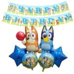Bluey Birthday Decoration Combo Set, 6pcs Bluey Foil Balloons with Happy Birthday Banne