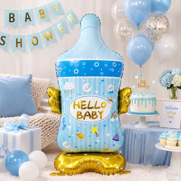 Baby Bottle Foil Balloon, Hello Baby Baby Shower Decoration BalloonADORABLE BABY BOTTLE DESIGN: Shaped like an oversized baby bottle with a cheerful 'Hello Baby' print, perfect for baby shower and welcome baby celebrations. VERSATILE INFLATION OPTIONS: Inflate with air for freestanding displays or helium for floating arrangements, giving you flexibility to suit your party setup. PREMIUM FOIL MATERIAL: Crafted from durable, high-quality foil that retains its vibrant colours and shape beautifully throughout your entire celebration. REUSABLE BALLOON: Can be carefully deflated after use and stored away for future celebrations, making it a practical and long-lasting party decoration. PERFECT PARTY DECORATION: Pairs wonderfully with pastel balloons, balloon arches, and themed décor to create stunning backdrops and memorable photo corners. - Image 2