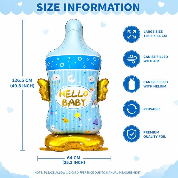 Baby Bottle Foil Balloon, Hello Baby Baby Shower Decoration BalloonADORABLE BABY BOTTLE DESIGN: Shaped like an oversized baby bottle with a cheerful 'Hello Baby' print, perfect for baby shower and welcome baby celebrations. VERSATILE INFLATION OPTIONS: Inflate with air for freestanding displays or helium for floating arrangements, giving you flexibility to suit your party setup. PREMIUM FOIL MATERIAL: Crafted from durable, high-quality foil that retains its vibrant colours and shape beautifully throughout your entire celebration. REUSABLE BALLOON: Can be carefully deflated after use and stored away for future celebrations, making it a practical and long-lasting party decoration. PERFECT PARTY DECORATION: Pairs wonderfully with pastel balloons, balloon arches, and themed décor to create stunning backdrops and memorable photo corners. - Image 3
