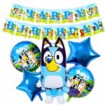Bluey Birthday Decoration Combo Set, 5pcs Bluey Foil Balloons with Happy Birthday Banner