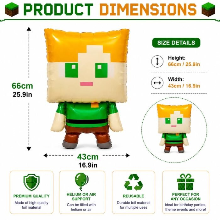 Cartoon Foil Balloon for Kids Birthday Party, Square Head Pixel Boy Theme - Image 3