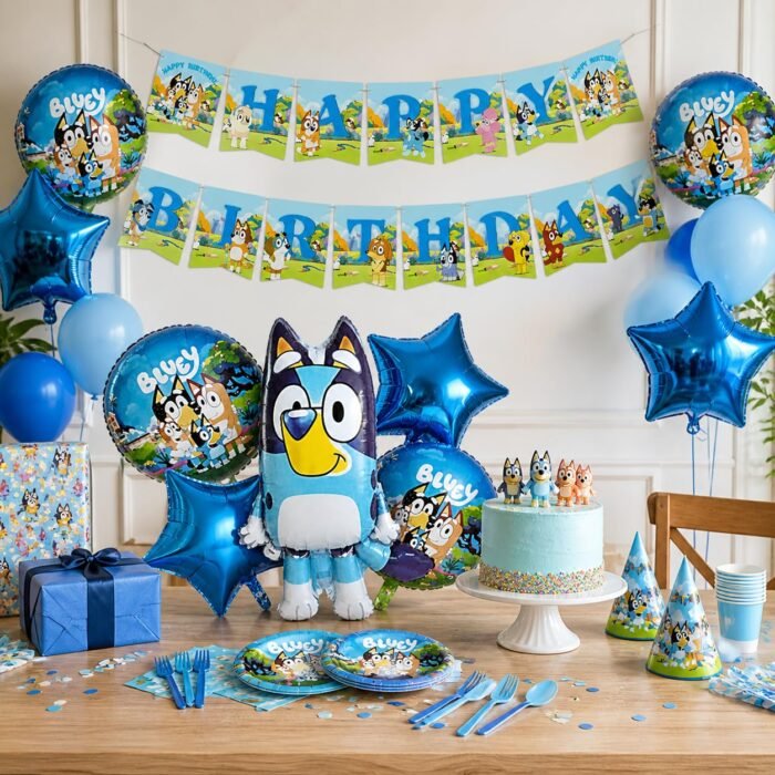 Bluey Birthday Decoration Combo Set, 5pcs Bluey Foil Balloons with Happy Birthday Banner - Image 2