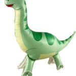 Self-standing green dinosaur walking foil balloon with wheels—perfect for kids' birthday parties and jungle-themed decorations!