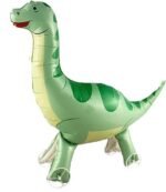 Self-standing green dinosaur walking foil balloon with wheels—perfect for kids' birthday parties and jungle-themed decorations!