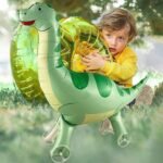 Self-standing green dinosaur walking foil balloon with wheels—perfect for kids' birthday parties and jungle-themed decorations! - Image 2