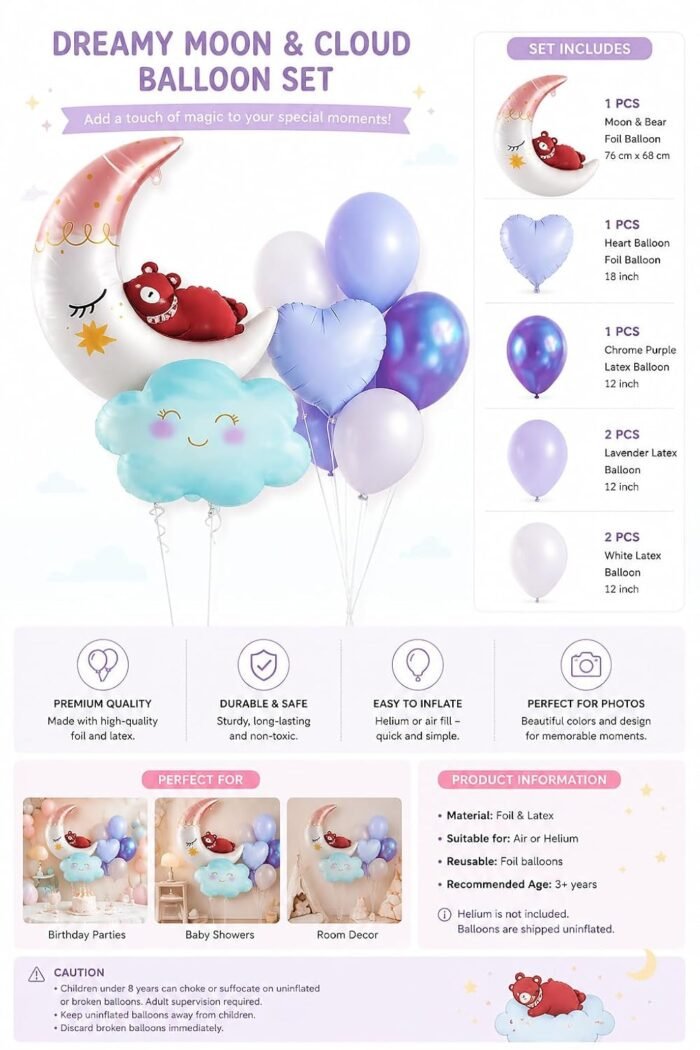 Blue Dreamy Moon Cloud Balloon Bouquet Set for Baby Shower, - Image 2