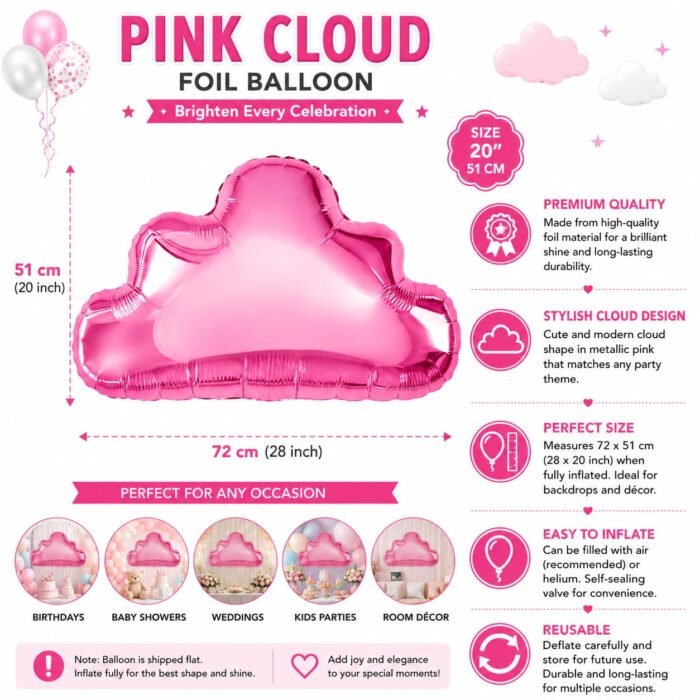 Pink Cloud Foil Balloon 20 x 20 Inch (51 cm), - Image 3