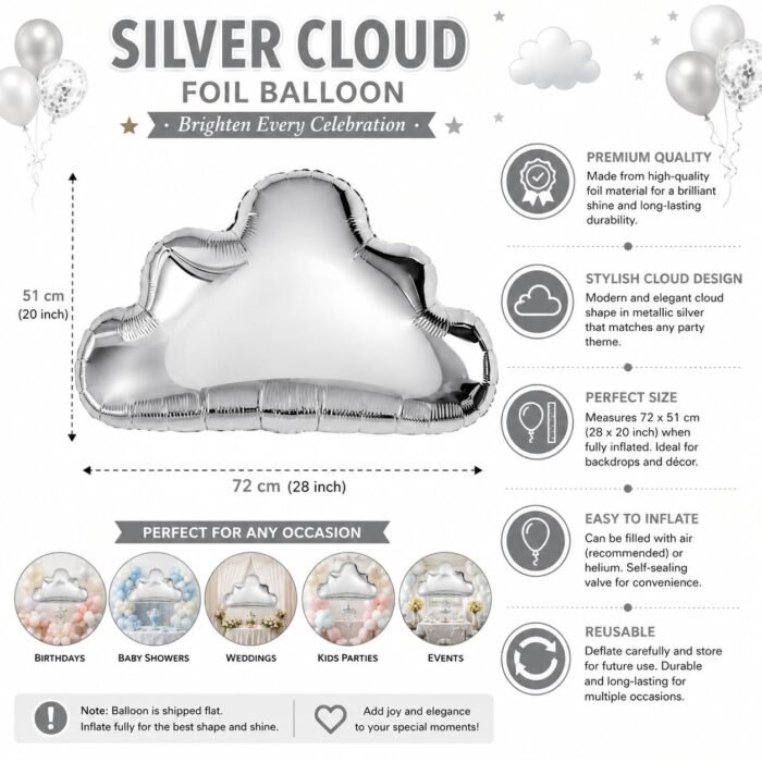 Silver Cloud Foil Balloon 20 x 20 Inch (51 cm), - Image 3