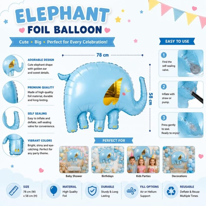 Blue Elephant Foil Balloon 78 x 58 cm - Image 3