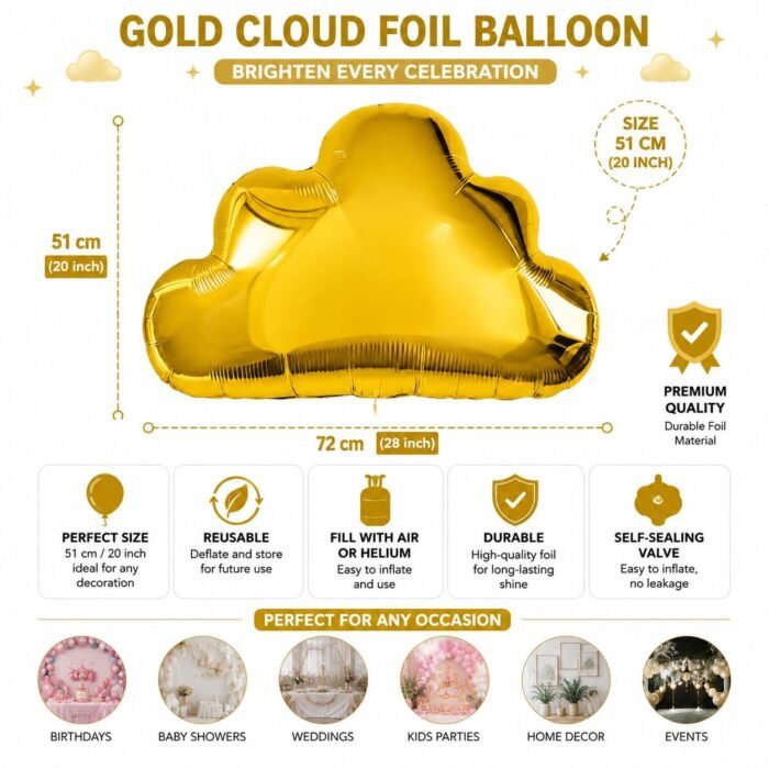 Gold Cloud Foil Balloon 28 x 20 Inch (72 x 51 cm), - Image 4