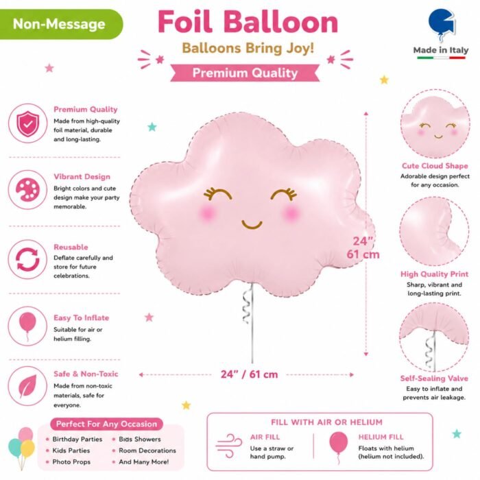 Pink Cloud Foil Balloon Smiling Party Decoration Pastel Pink 24 Inch Single Pack - Image 3