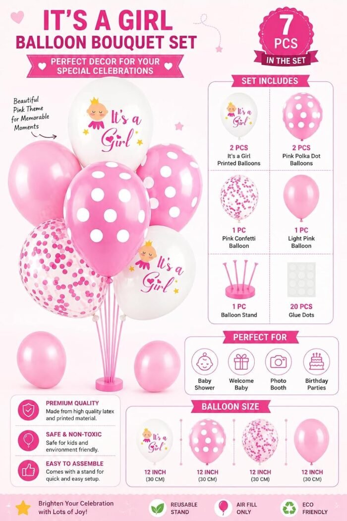 "It's a Girl" Pink & White Balloon Stand Kit – Baby Shower & Welcome Baby Decor - Image 2
