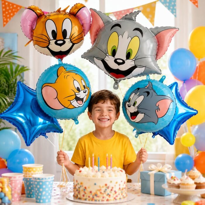 6-Piece Cartoon Cat & Mouse Foil Balloon Set for Kids' Birthday Parties - Image 2