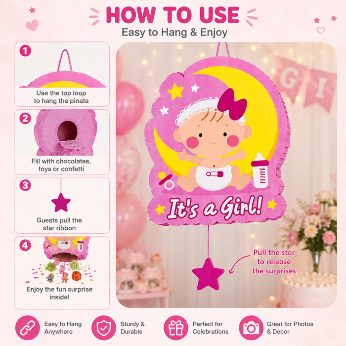It's a Girl Pinata | Cute Baby Girl Moon & Star Design - Image 3