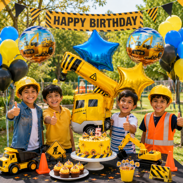 Construction Theme Foil Balloons Set of 5 – Crane Truck, Vehicles, Star & Round Balloons - Image 4