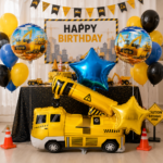 Construction Theme Foil Balloons Set of 5 – Crane Truck, Vehicles, Star & Round Balloons - Image 3
