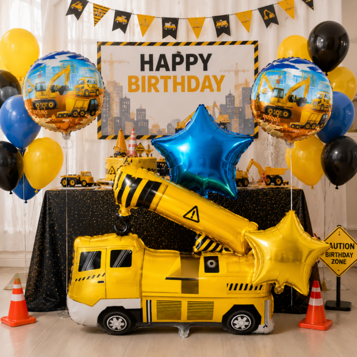 Construction Theme Foil Balloons Set of 5 – Crane Truck, Vehicles, Star & Round Balloons - Image 3