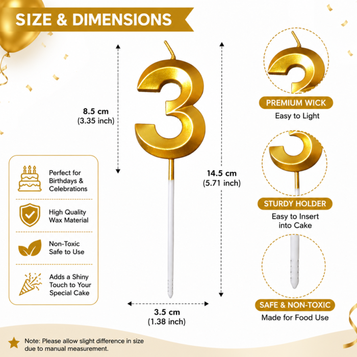 Number 3 Birthday Candle, Gold - Image 2