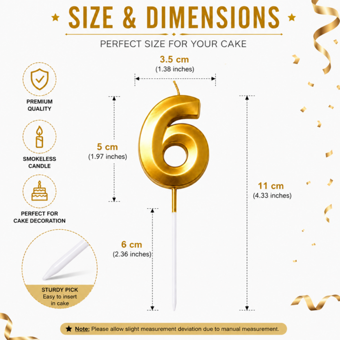 Number 6 Birthday Candle, Gold - Image 2