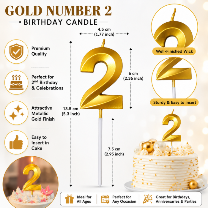 Number 2 Birthday Candle, Gold - Image 2