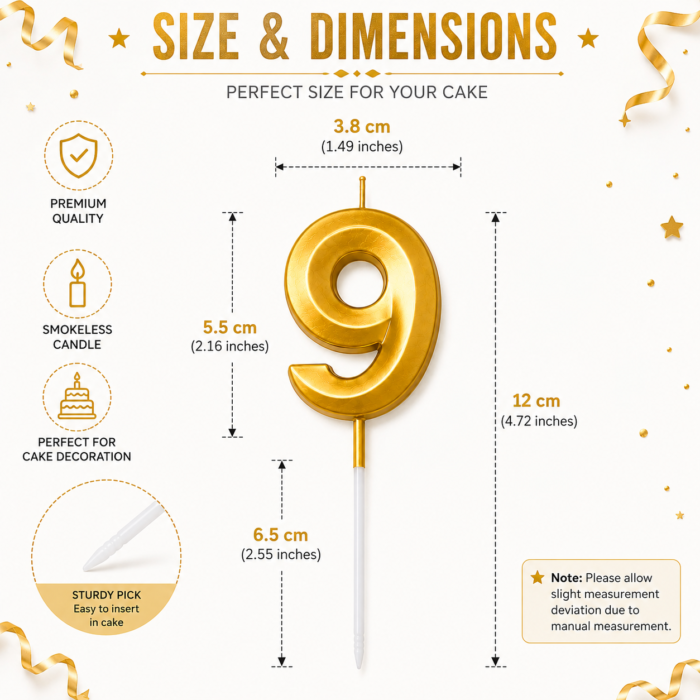Number 9 Birthday Candle, Gold - Image 3