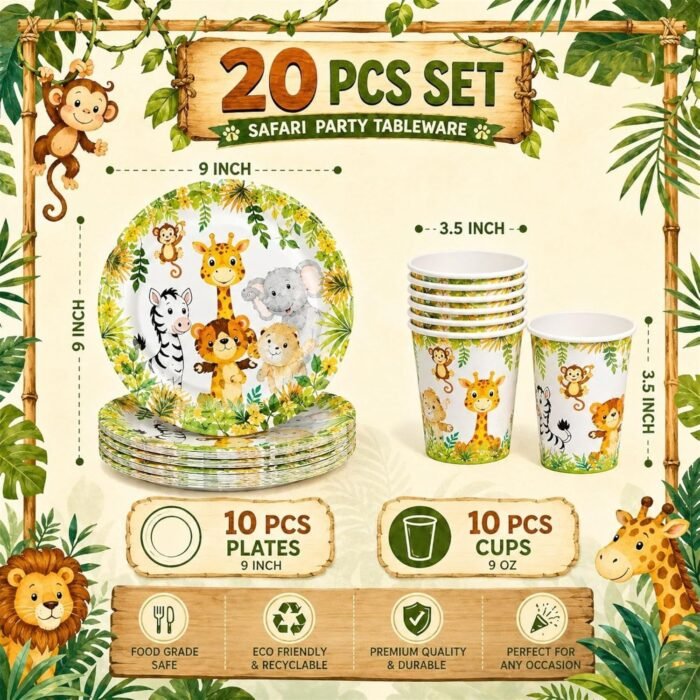 Animal Theme Birthday Party Supplies for Kids, Jungle Animal Party Plates & Cups, Safari Party Tableware Set, Zoo Animal Birthday Decorations, Disposable for Boys Girls Jungle Theme Party - 20 - Image 4