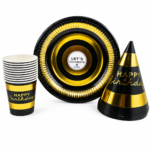MY PARTY SUPPLIERS Happy Birthday Party Supplies Set, Black & Gold Birthday Decoration Tableware with Paper Plates, Cups & Party Hats, Disposable Birthday Party Tableware for Kids & Adults - 30Pcs set