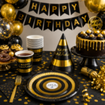 MY PARTY SUPPLIERS Happy Birthday Party Supplies Set, Black & Gold Birthday Decoration Tableware with Paper Plates, Cups & Party Hats, Disposable Birthday Party Tableware for Kids & Adults - 30Pcs set - Image 3