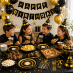 MY PARTY SUPPLIERS Happy Birthday Party Supplies Set, Black & Gold Birthday Decoration Tableware with Paper Plates, Cups & Party Hats, Disposable Birthday Party Tableware for Kids & Adults - 30Pcs set - Image 4