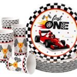 Racing Car Birthday Party Supplies Set, 10 Paper Plates and Cups, Race Car Theme for Boys and Kids, First Birthday, Racing Party Celebration 9 Inch Plates, 3.9 Inch Cups - 20 Pcs