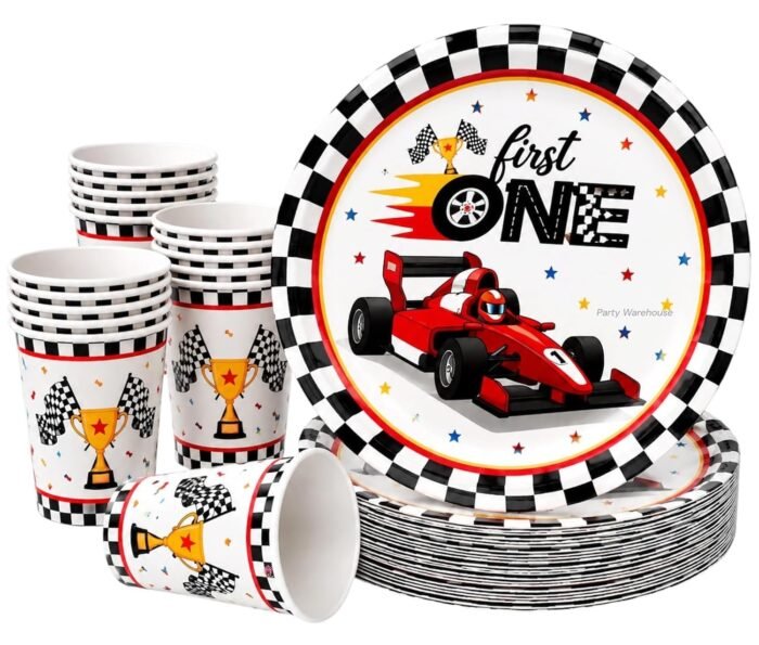 Racing Car Birthday Party Supplies Set, 10 Paper Plates and Cups, Race Car Theme for Boys and Kids, First Birthday, Racing Party Celebration 9 Inch Plates, 3.9 Inch Cups - 20 Pcs - Image 2