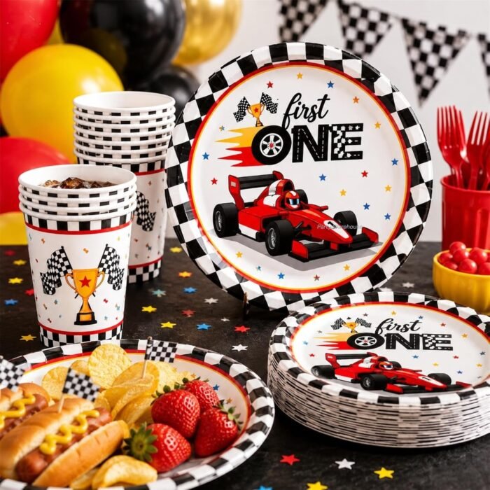 Racing Car Birthday Party Supplies Set, 10 Paper Plates and Cups, Race Car Theme for Boys and Kids, First Birthday, Racing Party Celebration 9 Inch Plates, 3.9 Inch Cups - 20 Pcs - Image 3