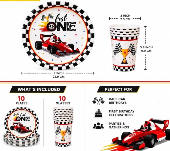 Racing Car Birthday Party Supplies Set, 10 Paper Plates and Cups, Race Car Theme for Boys and Kids, First Birthday, Racing Party Celebration 9 Inch Plates, 3.9 Inch Cups - 20 Pcs - Image 4