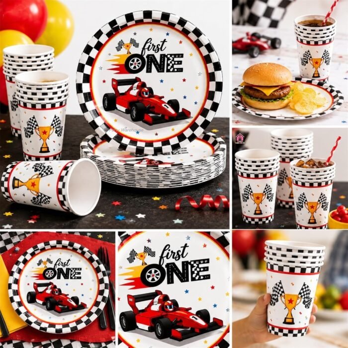 Racing Car Birthday Party Supplies Set, 10 Paper Plates and Cups, Race Car Theme for Boys and Kids, First Birthday, Racing Party Celebration 9 Inch Plates, 3.9 Inch Cups - 20 Pcs - Image 5