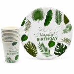 MY PARTY SUPPLIERS Happy Birthday Party Tableware Set | Tropical Green Leaf Theme Disposable Paper Plates & Cups | Birthday Party Supplies for Kids & Adults | Table Decoration Set