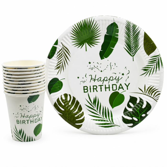 MY PARTY SUPPLIERS Happy Birthday Party Tableware Set | Tropical Green Leaf Theme Disposable Paper Plates & Cups | Birthday Party Supplies for Kids & Adults | Table Decoration Set - Image 2
