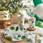 MY PARTY SUPPLIERS Happy Birthday Party Tableware Set | Tropical Green Leaf Theme Disposable Paper Plates & Cups | Birthday Party Supplies for Kids & Adults | Table Decoration Set - Image 3