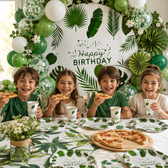 MY PARTY SUPPLIERS Happy Birthday Party Tableware Set | Tropical Green Leaf Theme Disposable Paper Plates & Cups | Birthday Party Supplies for Kids & Adults | Table Decoration Set - Image 4