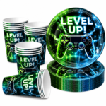 Video Game Birthday Party Supplies, Level Up Gaming Party Decorations for Boys Kids Gamer Party Tableware Set with 10 Paper Plates & Cups, Video Game Controller Birthday Decorations Set of 20 Pcs