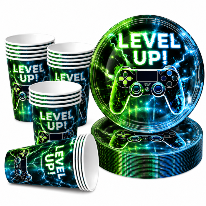 Video Game Birthday Party Supplies, Level Up Gaming Party Decorations for Boys Kids Gamer Party Tableware Set with 10 Paper Plates & Cups, Video Game Controller Birthday Decorations Set of 20 Pcs - Image 2