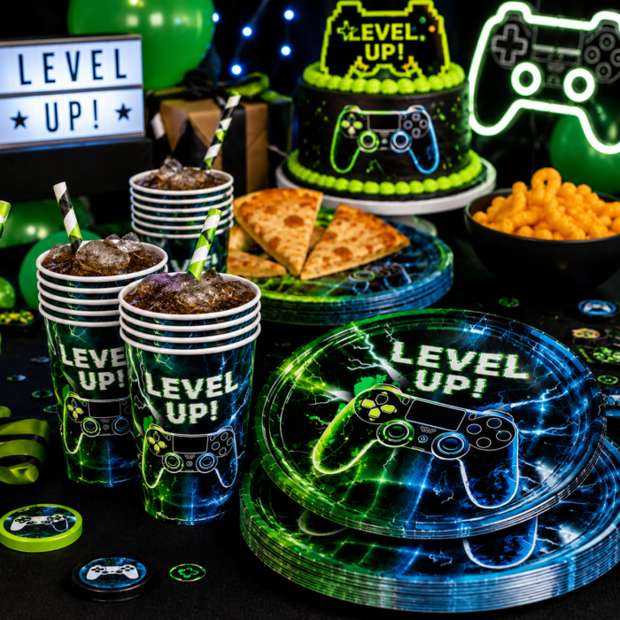 Video Game Birthday Party Supplies, Level Up Gaming Party Decorations for Boys Kids Gamer Party Tableware Set with 10 Paper Plates & Cups, Video Game Controller Birthday Decorations Set of 20 Pcs - Image 4