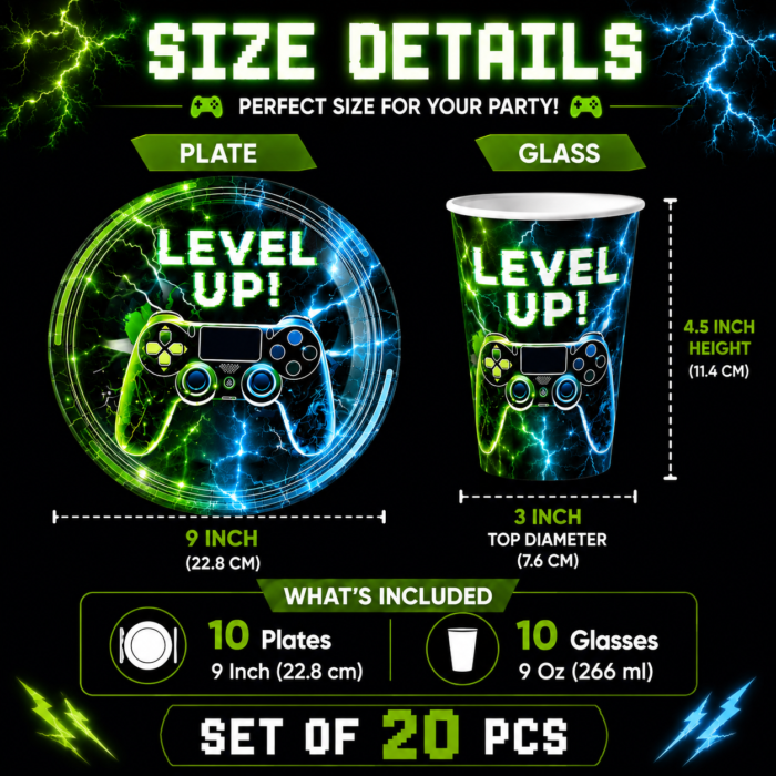 Video Game Birthday Party Supplies, Level Up Gaming Party Decorations for Boys Kids Gamer Party Tableware Set with 10 Paper Plates & Cups, Video Game Controller Birthday Decorations Set of 20 Pcs - Image 5
