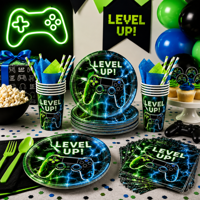 Video Game Birthday Party Supplies, Level Up Gaming Party Decorations for Boys Kids Gamer Party Tableware Set with 10 Paper Plates & Cups, Video Game Controller Birthday Decorations Set of 20 Pcs - Image 6